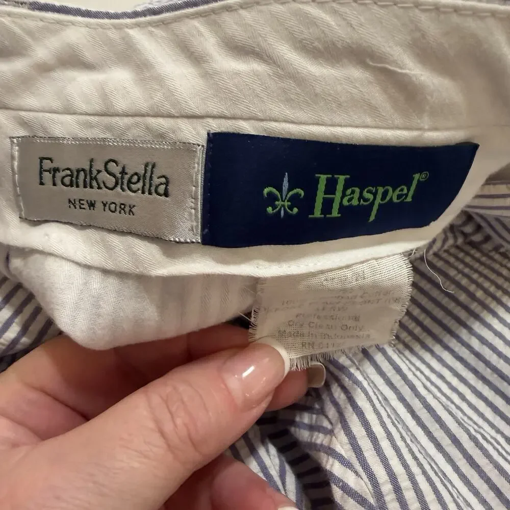 Haspel Frank Stella Seersucker Pants 34x29 Blue White Stripe Summer Wedding